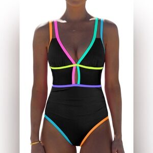 NWT Popvil One Piece Swimsuit Neon Colorblock Tummy Control XL